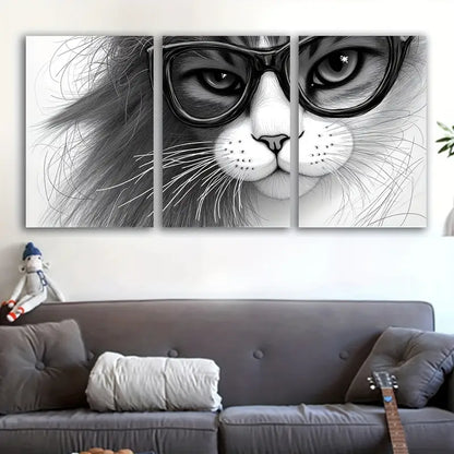 3pcs Black & White Glasses Cat Design Wall Art Set Canvas Framed 50x70cm - High Quality Print 100% Australian Made Wall Canvas Ready to Hang - Bella Home Decor