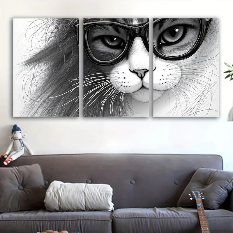 3pcs Black & White Glasses Cat Design Wall Art Set Canvas Framed 60x90cm - High Quality Print 100% Australian Made Wall Canvas Ready to Hang - Bella Home Decor