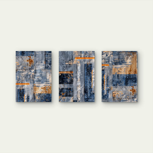 3pcs Modern Denim Blue Rust Art Painting  Wall Art Set Canvas Framed 60x90cm - High Quality Print 100% Australian Made Wall Canvas Ready to Hang