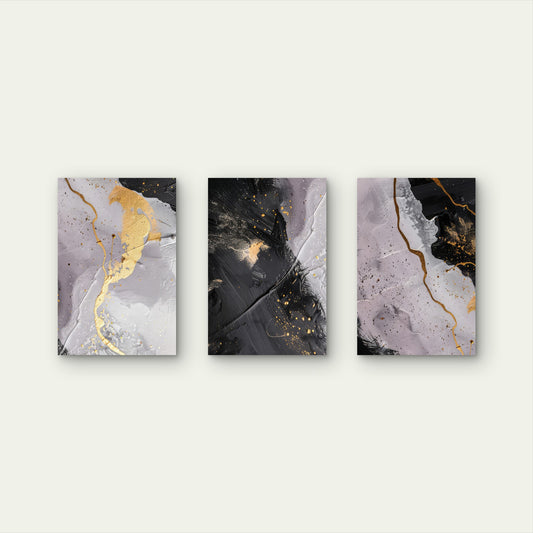 3pcs Black Purple Gold Fluid Marble Style Wall Art Set Canvas Framed 50x70cm - High Quality Print 100% Australian Made Wall Canvas Ready to Hang
