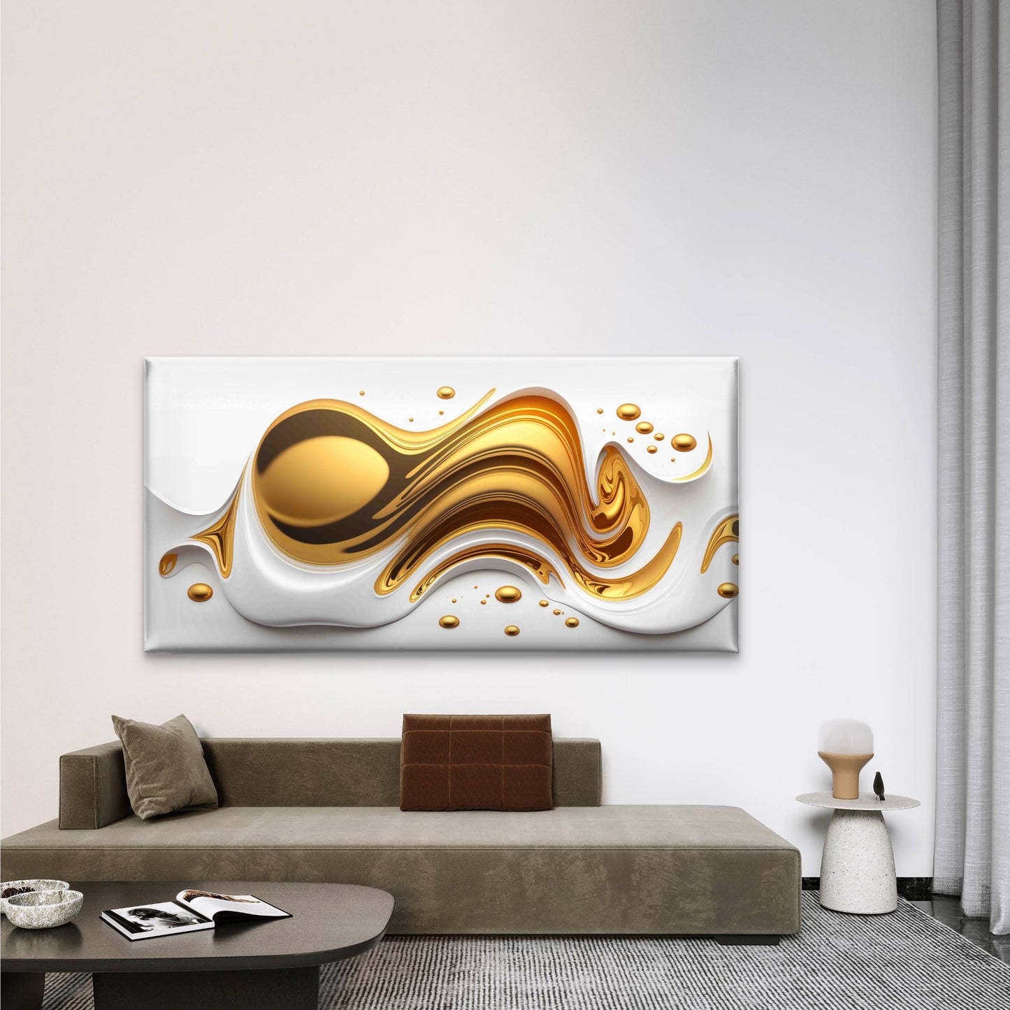 Elegant Gold White Abstract Wall Art Canvas Office Home Room Framed 120x60cm