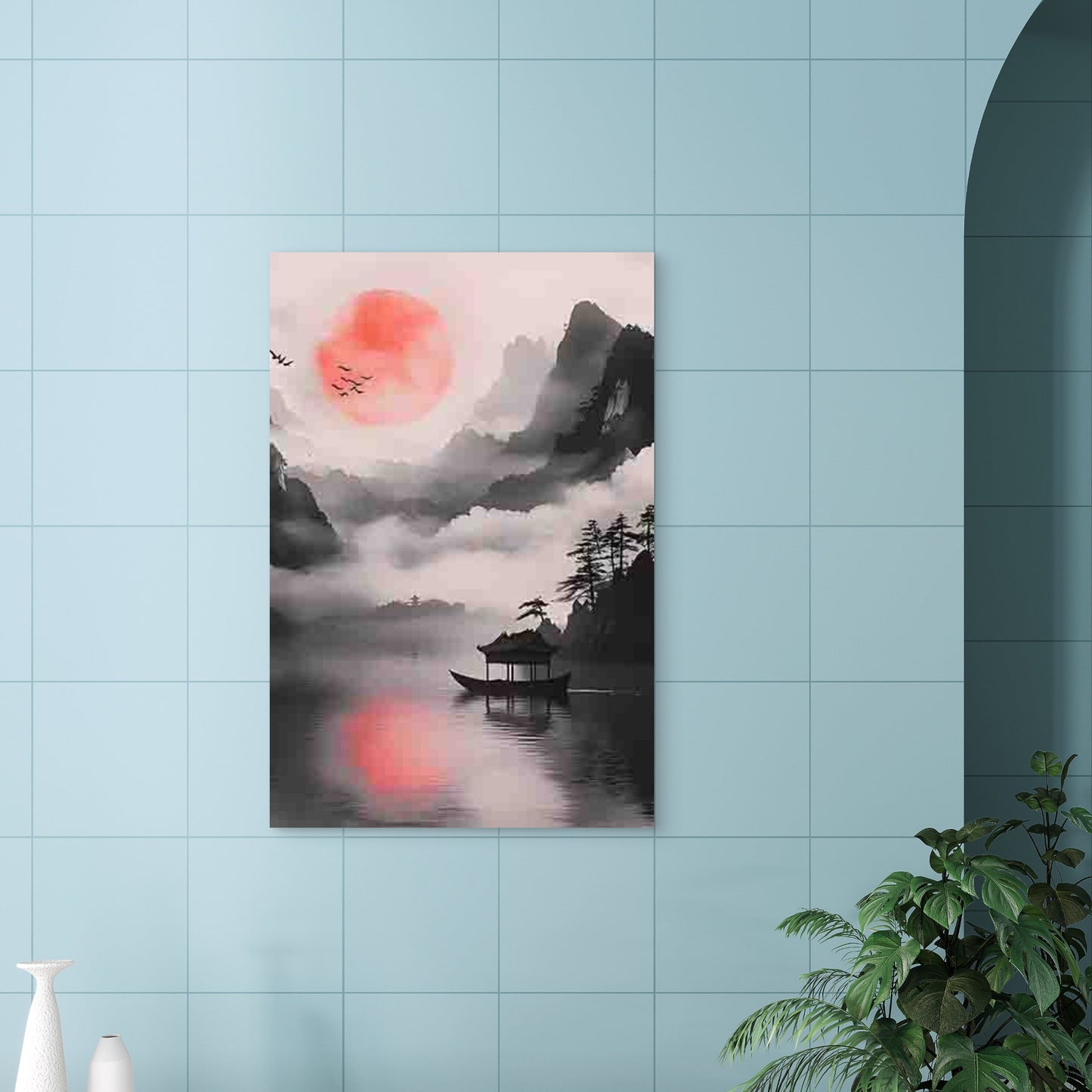 Chinese Ink Wash Style Landscape with Sunset 40x60cm Metal Print Ready to Hang - Bella Home Decor