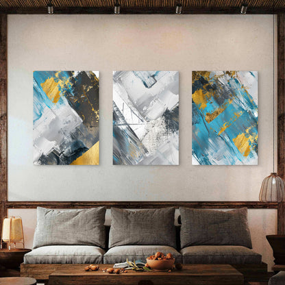 3pcs Blue Grey Gold Textured Abstract Brush    Wall Art Set Canvas Framed 50x70cm - High Quality Print 100% Australian Made Wall Canvas Ready to Hang