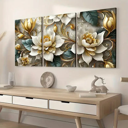 3pcs Light Luxury Style Golden Flower Abstract Art Wall Art Set Canvas Unframed - High Quality Print 100% Australian Made Wall Canvas