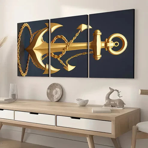 3pcs Modern Stylish Golden Anchor Art Shiny Wall Art Set Canvas Unframed - High Quality Print 100% Australian Made Wall Canvas