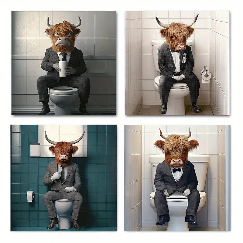 4pcs Highland Cow Drinking Coffee In Toilet Wall Art Canvas Framed