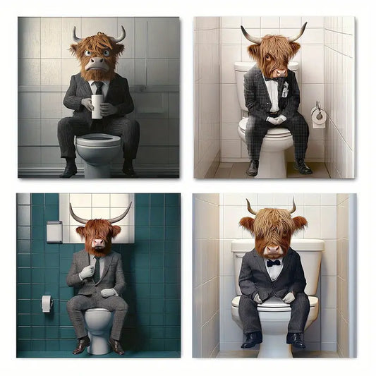 4pcs Highland Cow Drinking Coffee In Toilet Wall Art Canvas Framed