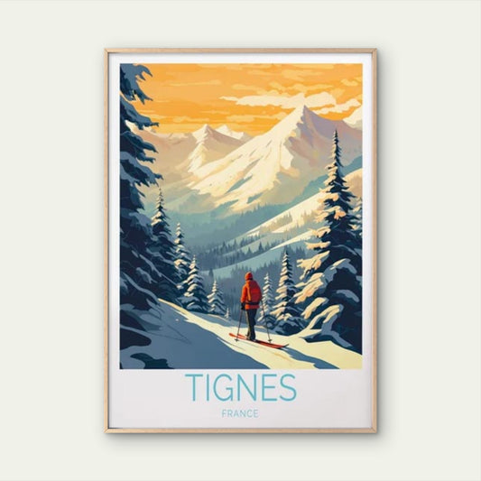 Tignes France, Snow Mountains & Ski Man Travel Poster Print Wall Art - Bella Home Decor