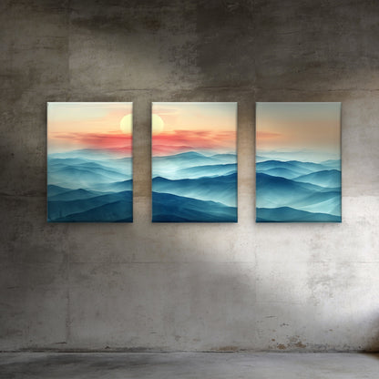 3pcs Misty Blue Mountain Range Sunset Sky Wall Art Set Canvas Framed 50x70cm - High Quality Print 100% Australian Made Wall Canvas Ready to Hang