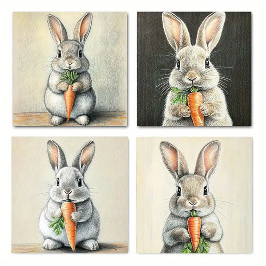 4pcs   Vintage Rabbit & Carrot Canvas Art Prints    Wall Art Canvas Framed