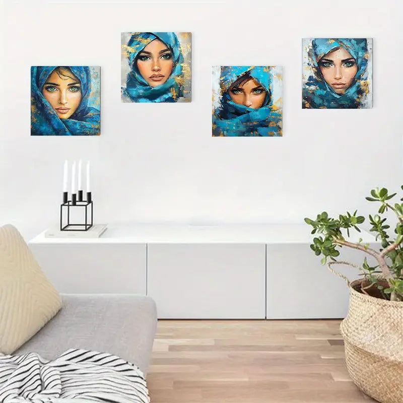 4pcs  Vibrant Blue Scarf & Headdress BS  Wall Art Canvas Framed