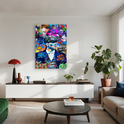 Graffiti Suited Gangster Staring 40x60cm Metal Print Ready to Hang - Bella Home Decor