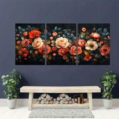 3pcs Elegant Dark Floral Decor Metal Print Ready to Hang Art