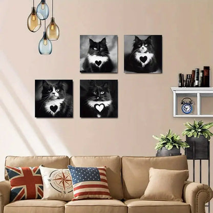 4pcs Chic Black & White Cat   Wall Art Canvas Framed