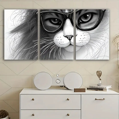 3pcs Black & White Glasses Cat Design Wall Art Set Canvas Framed 60x90cm - High Quality Print 100% Australian Made Wall Canvas Ready to Hang - Bella Home Decor
