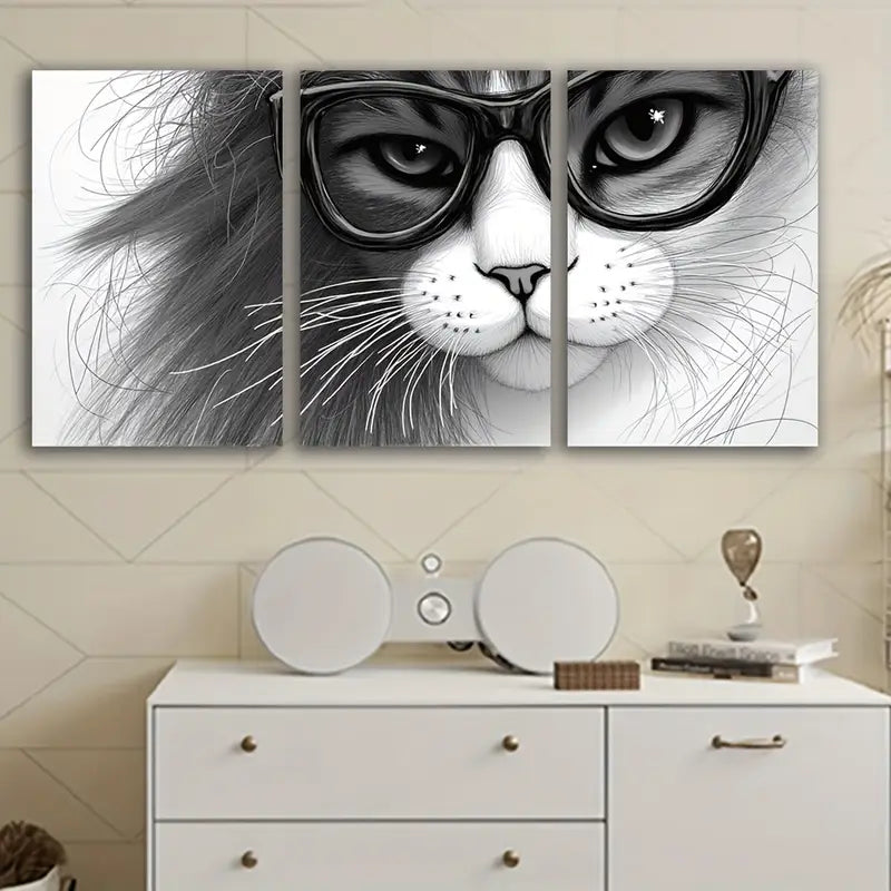 3pcs Black & White Glasses Cat Design Wall Art Set Canvas Framed 50x70cm - High Quality Print 100% Australian Made Wall Canvas Ready to Hang - Bella Home Decor