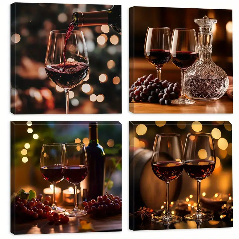 4pcs Candlelight Canvas Print, Wine Glasses Room Wall Art Canvas Framed