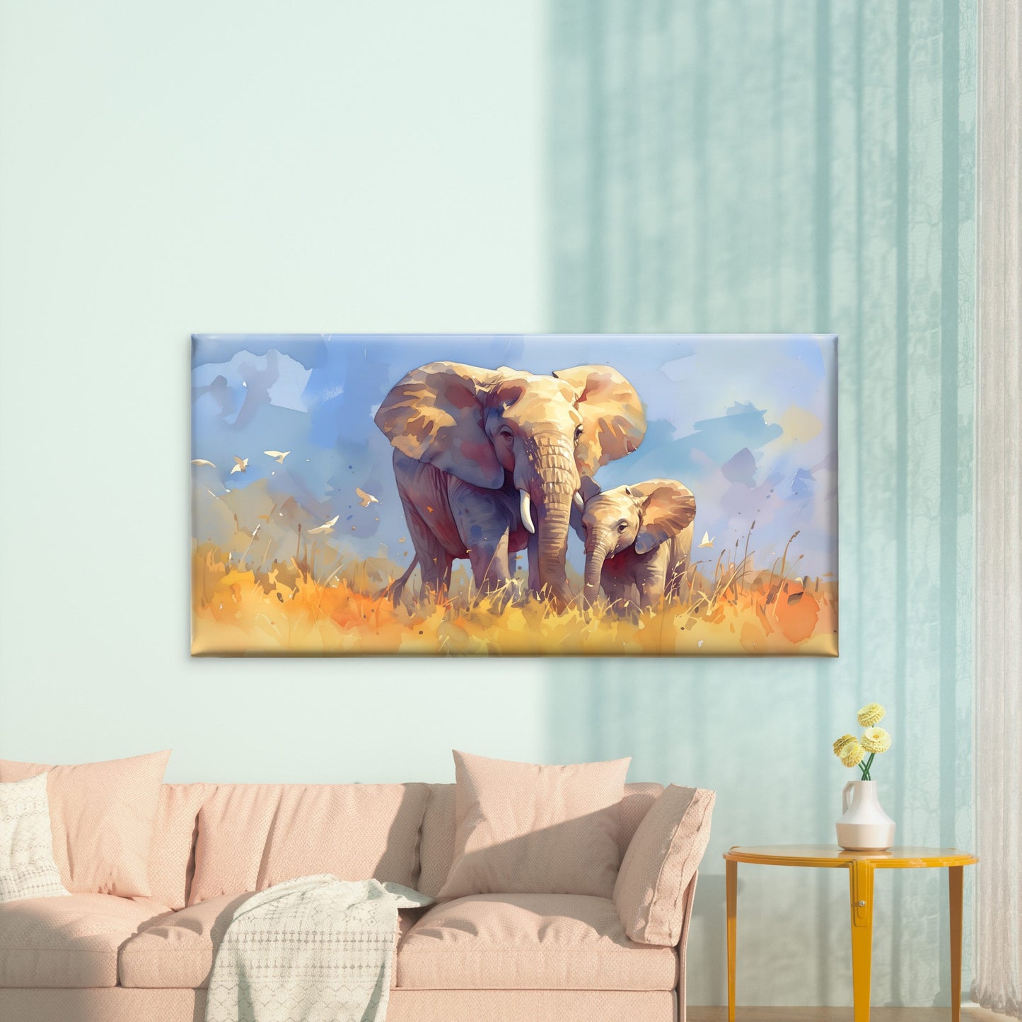 Golden Elephants Of Savanna Wall Art Canvas Office Home Room Framed 120x60cm - Bella Home Decor