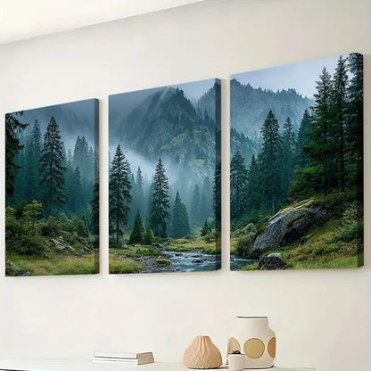 3pcs Canadian Forest Misty Stream Scene Wall Art Set Canvas Framed 40x60cm - High Quality Print 100% Australian Made Wall Canvas Ready to Hang - Bella Home Decor
