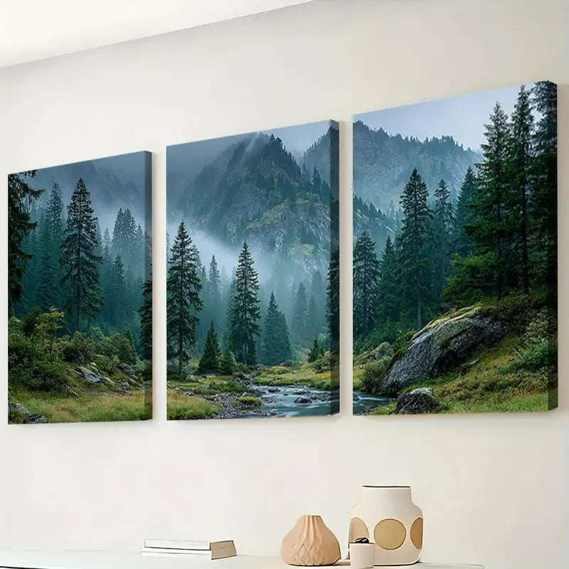 3pcs Canadian Forest Misty Stream Scene Wall Art Set Canvas Framed 50x70cm - High Quality Print 100% Australian Made Wall Canvas Ready to Hang - Bella Home Decor