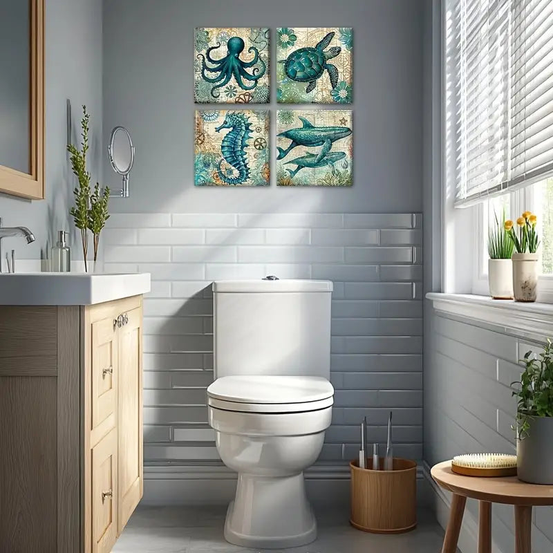 4pcs turtles octopus sea horses whale  Wall Art Canvas Framed - Bella Home Decor