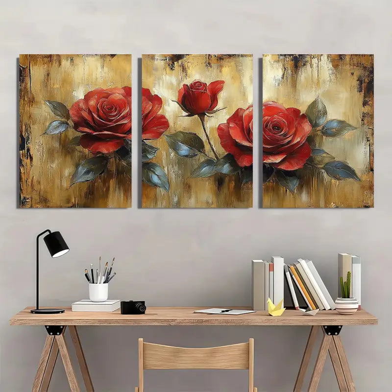 3pcs Retro Red Rose & Golden-Toned Metal Print Ready to Hang Art