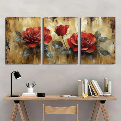 3pcs Retro Red Rose & Golden-Toned Metal Print Ready to Hang Art