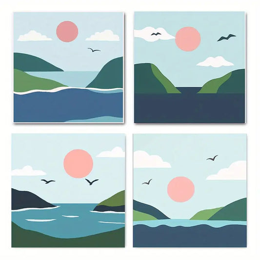 4pcs  Scenes with Birds, Waves & Mountains IU  Wall Art Canvas Framed