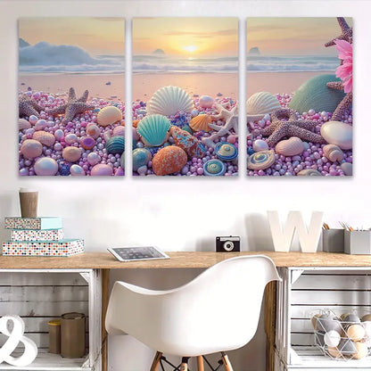 3pcs Seashells and Starfish Beach Decor Art Wall Art Set Canvas Framed 40x60cm - High Quality Print 100% Australian Made Wall Canvas Ready to Hang