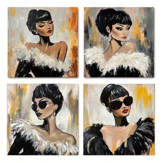 4pcs Fashion Glasses & Feather Details  Wall Art Canvas Framed