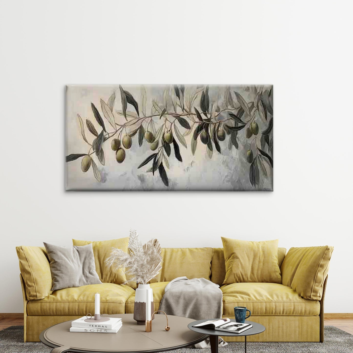 Olive Branch with Green Olives Wall Art Canvas Office Home Room Framed 120x60cm