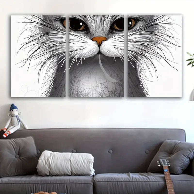 3pcs Fluffy Cats Drawing Art Print Wall Art Set Canvas Framed 60x90cm - High Quality Print 100% Australian Made Wall Canvas Ready to Hang - Bella Home Decor