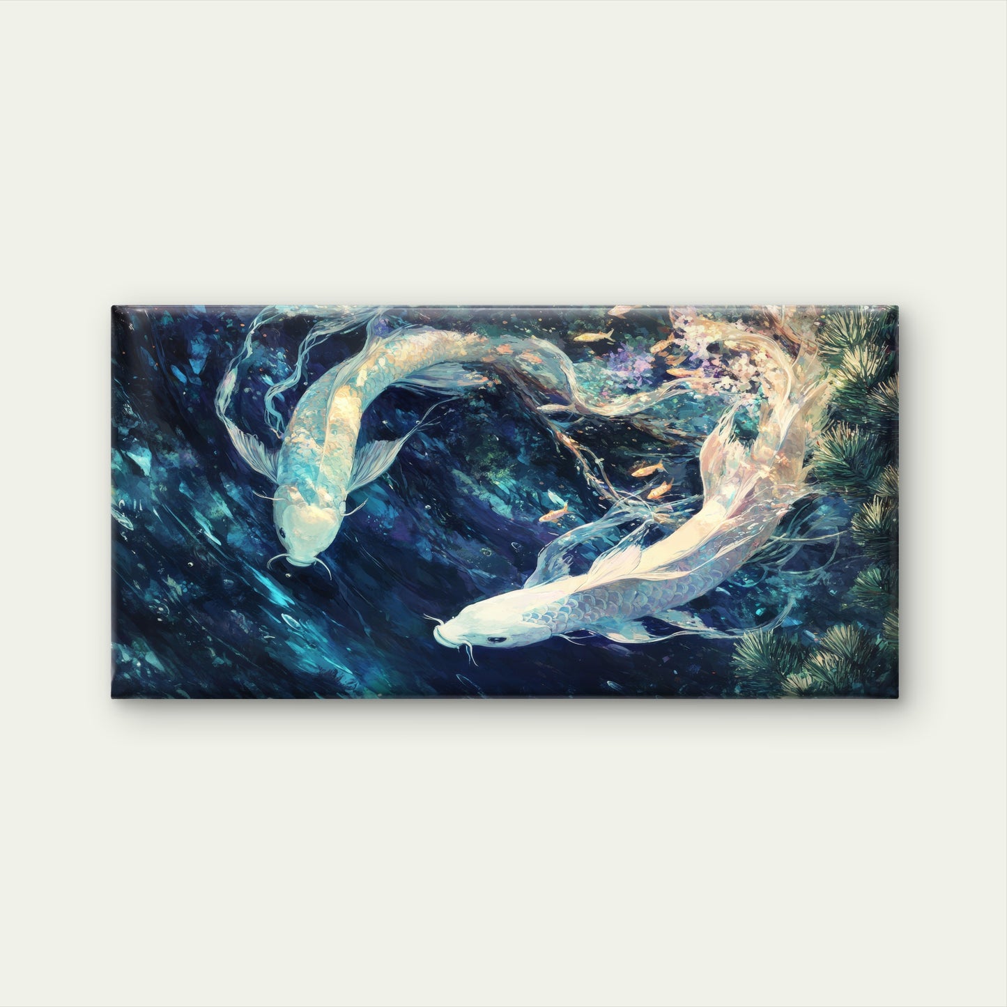 White Koi Fish Yin Yang Blue Wall Art Canvas Office Home Room Framed 120x60cm