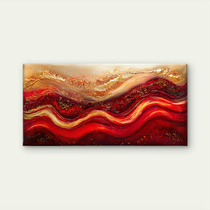 Vibrant Red Gold Waves Flow Wall Art Canvas Office Home Room Framed 120x60cm