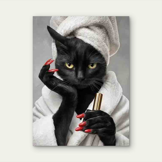 Funny Black Cat Close Up Glam Bathroom Metal Print Ready to Hang