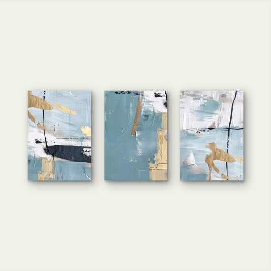 3pcs Teal Gold Blue Abstract Foil Painting Wall Art Set Canvas Framed 60x90cm - High Quality Print 100% Australian Made Wall Canvas Ready to Hang