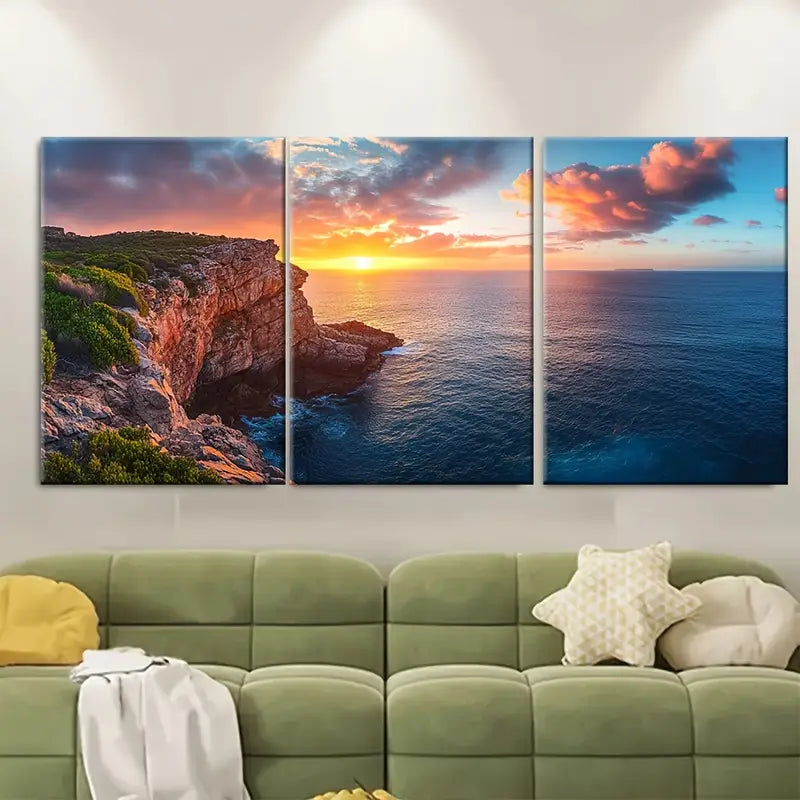 3pcs Kangaroo Island Sunset Coastal Australia Wall Art Set Canvas Framed 50x70cm - High Quality Print 100% Australian Made Wall Canvas Ready to Hang
