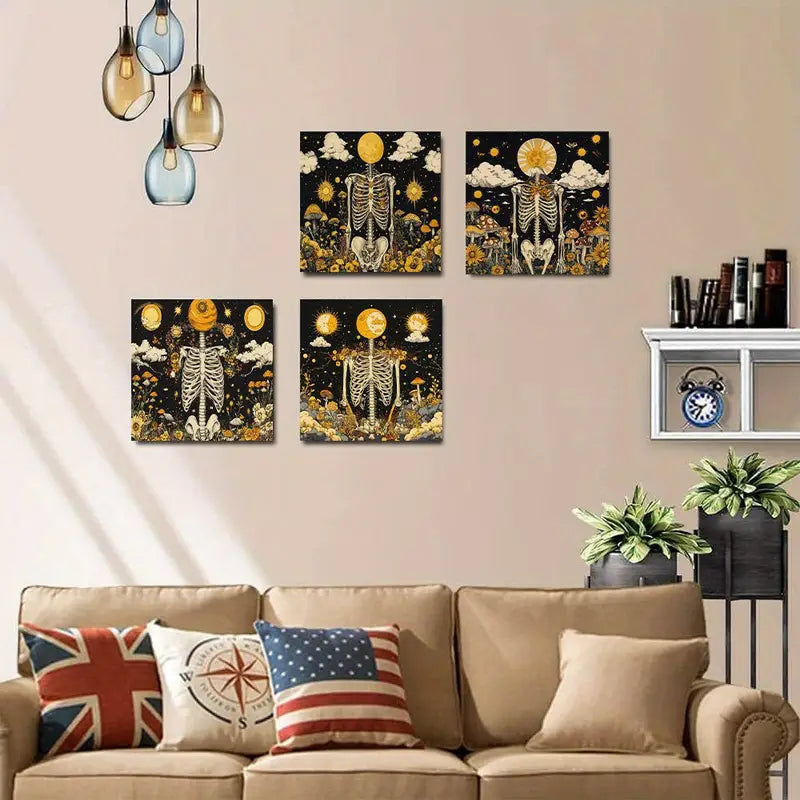 4pcs  Featuring Sun, Stars, and Floral Patterns  Wall Art Canvas Framed