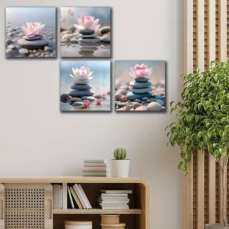 4pcs Pink for Lotus Stacked Zen Stones Wall Art Canvas Framed - Bella Home Decor