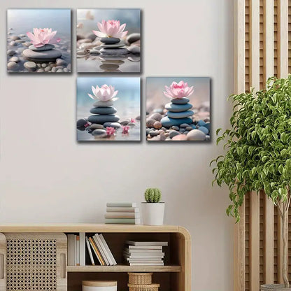 4pcs Pink for Lotus Stacked Zen Stones Wall Art Canvas Framed - Bella Home Decor