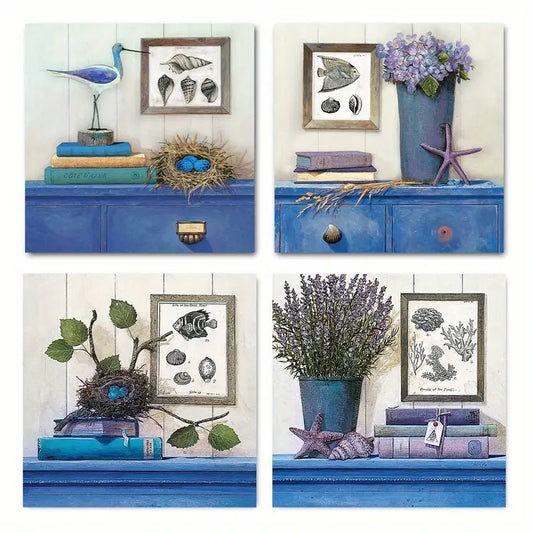 4pcs  Vintage Blue  Lavender & Nature Themes   Wall Art Canvas Framed
