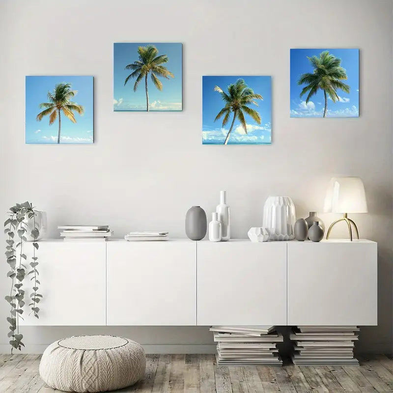 4pcs Palm Tree Se Elegant Modern Wall Art Canvas Framed
