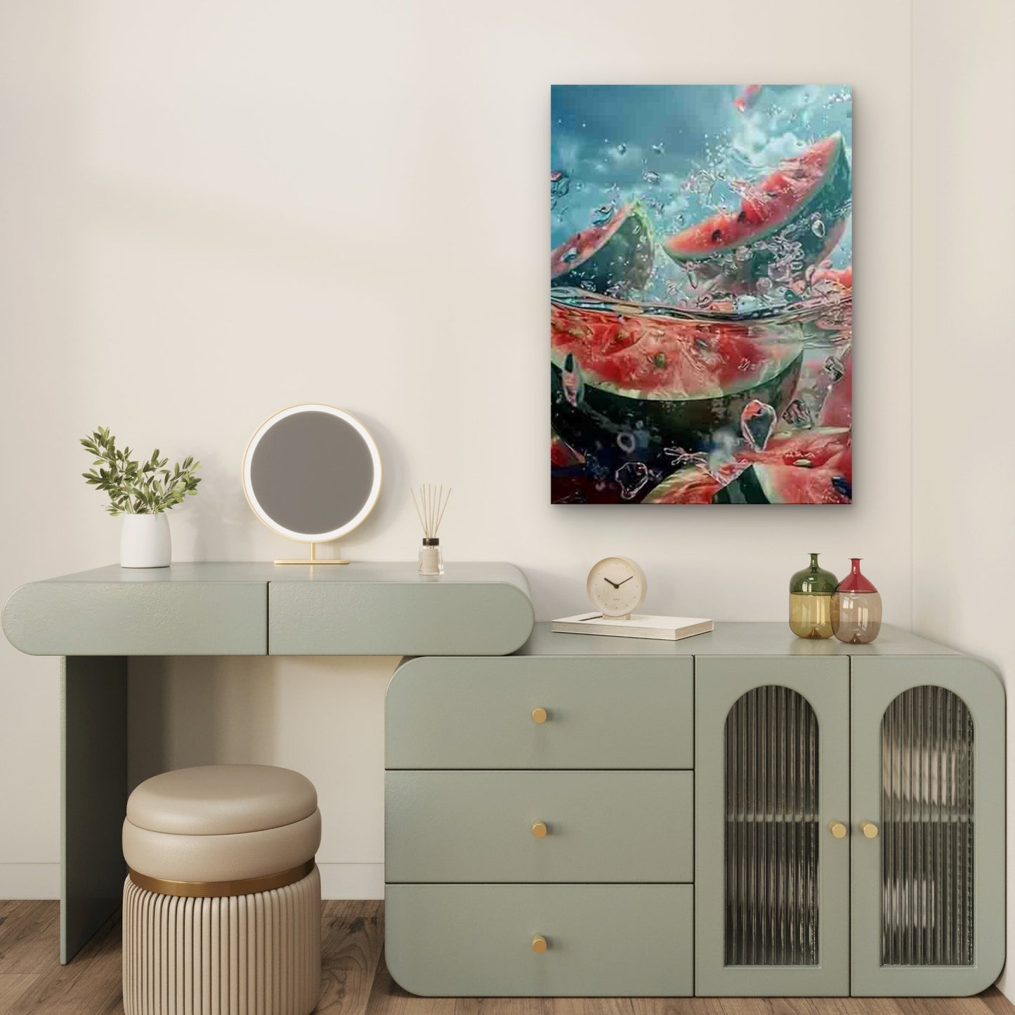 Watermelon Slices with Ice Cubes & Splash Water Metal Print Ready to Hang - Bella Home Decor