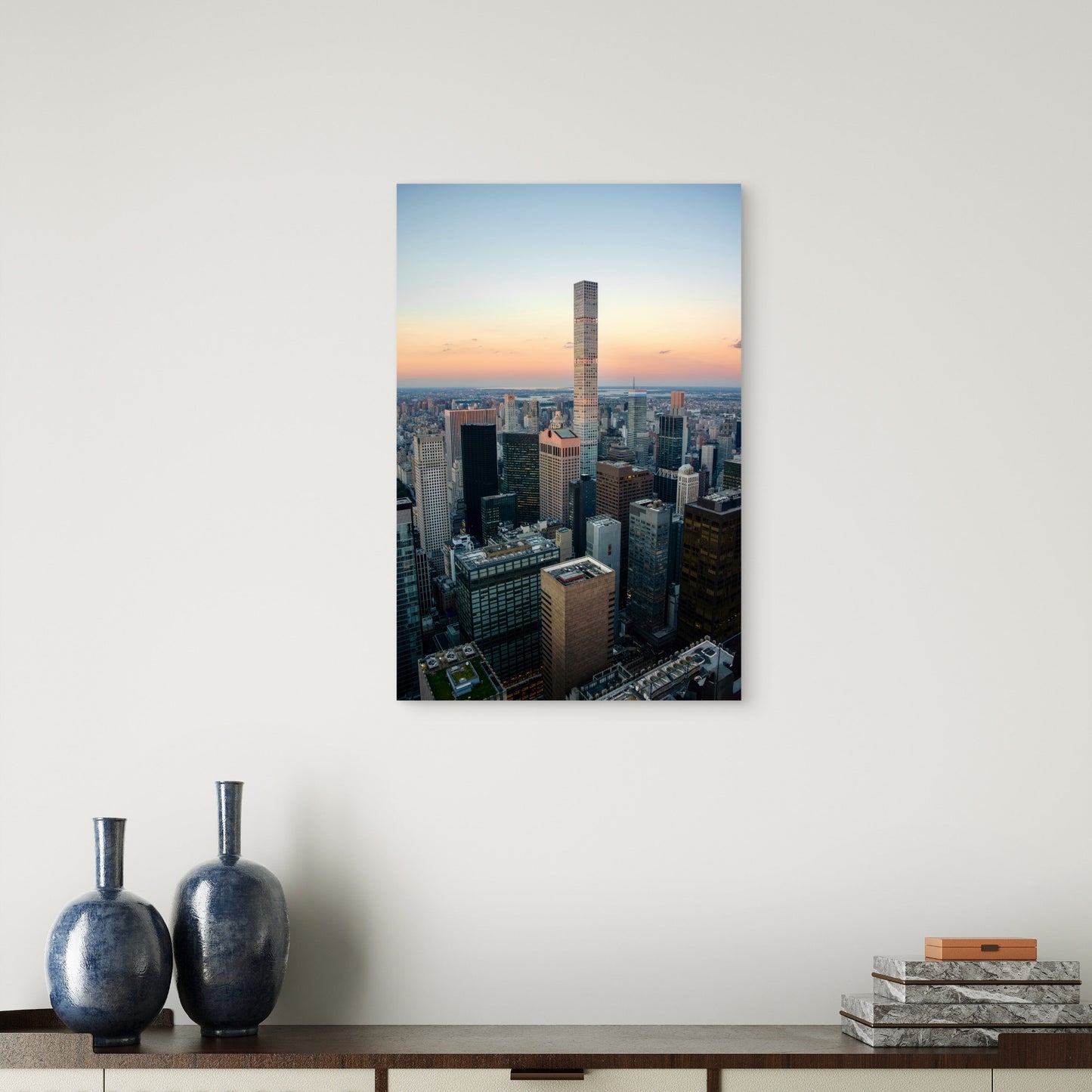 Tall Skyscraper Dominates A Sprawling Cityscape At Sunset 40x60cm Metal Print Ready to Hang