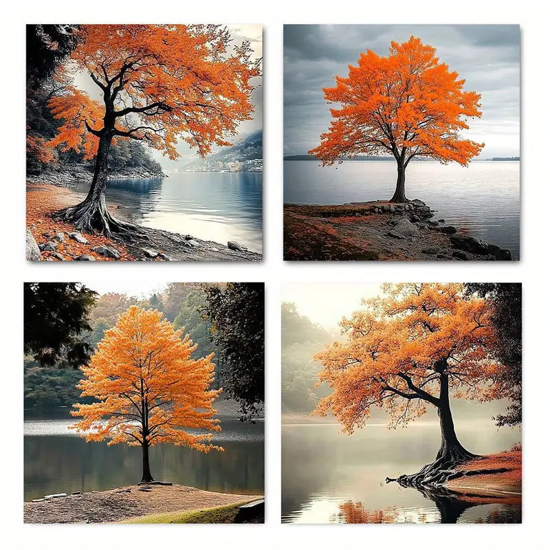 4pcs Vibrant Orange & Gray ForestWall Art Canvas Framed