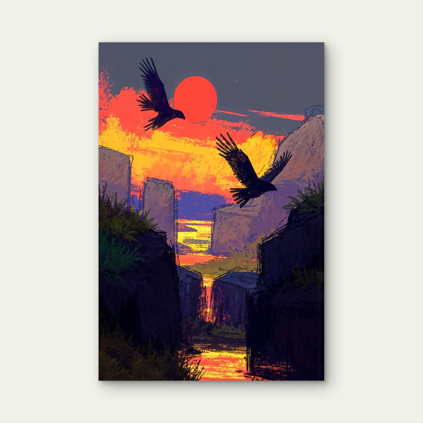 Eagles Soaring Over a Canyon at Sunset 40x60cm Metal Print Ready to Hang