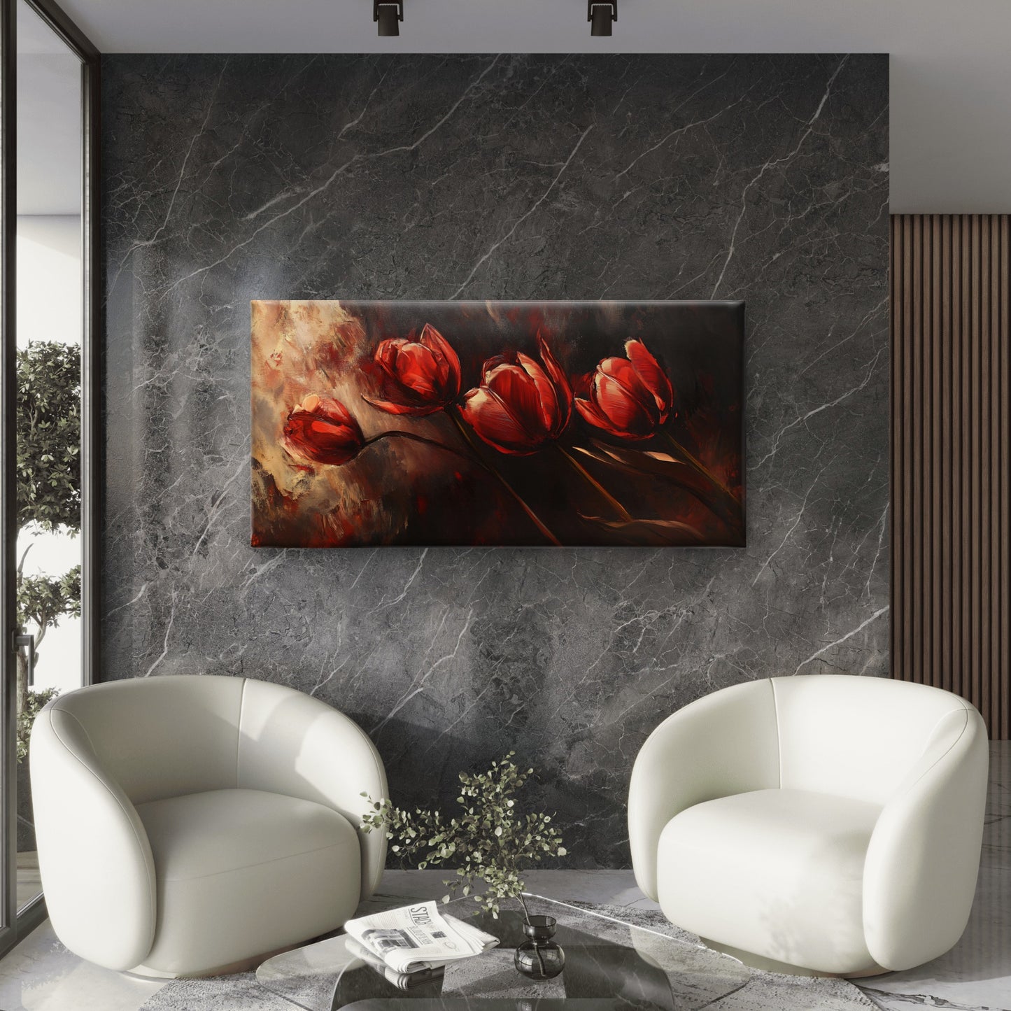 Red Tulips Dark Floral Painting Wall Art Canvas Office Home Room Framed 120x60cm