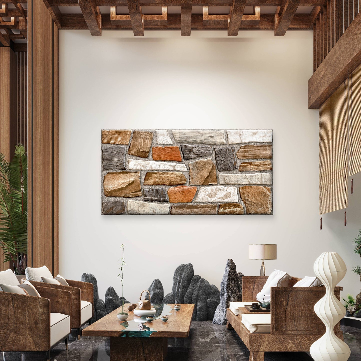 Rustic Stone Brick Wall Faux Stacked Ledger Rock Wall Art Canvas Office Home Framed 120x60cm