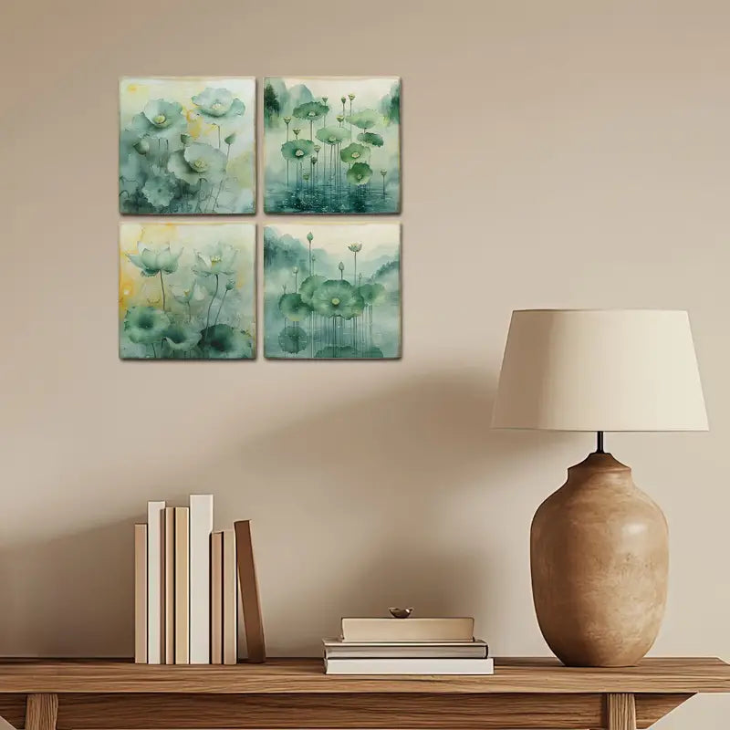 4pcs Lotus Green Leaves Wall Art Canvas Framed - Bella Home Decor