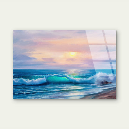 Impressionist Sunset Ocean Crashing Wave Acrylic Glass Printing Wall Art Australian Made Quality